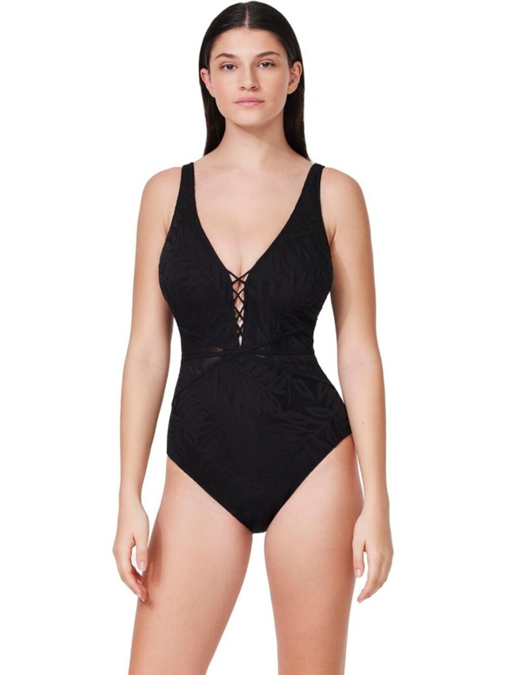 Textured V-Neck D-Cup One Piece Swimsuit - Soft Cups, Adjustable Straps, Mesh